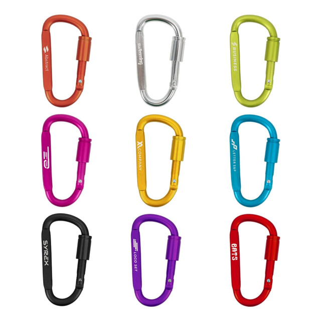 A collection of nine custom D-shaped camping carabiners in various colours, including silver, purple, orange, and green, featuring logos.