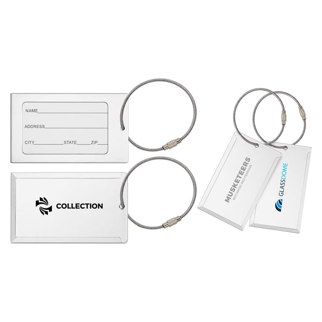 A square aluminium luggage tag in silver with a metal attachment, featuring space for personal details and a logo.