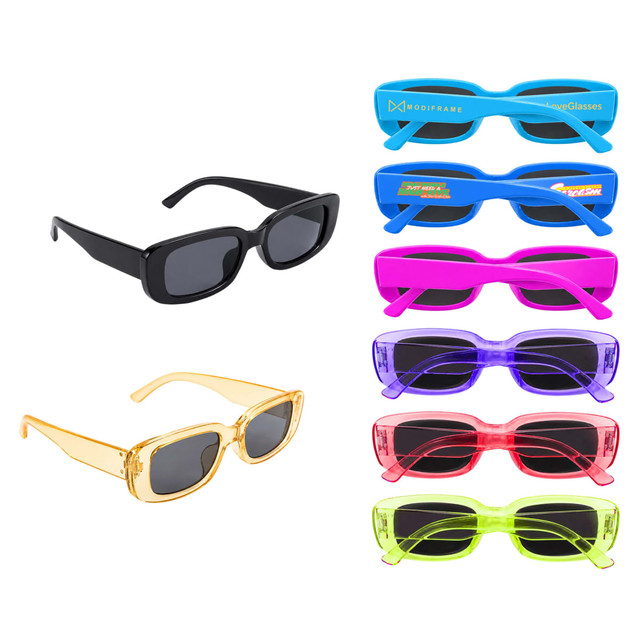 A collection of vintage rectangle sunglasses in black, gold, pink, blue, purple, red, and green, featuring various styles.