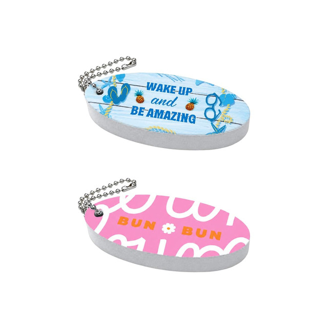 A floating keychain in blue and pink with tropical designs and a decorative chain. Features a logo.
