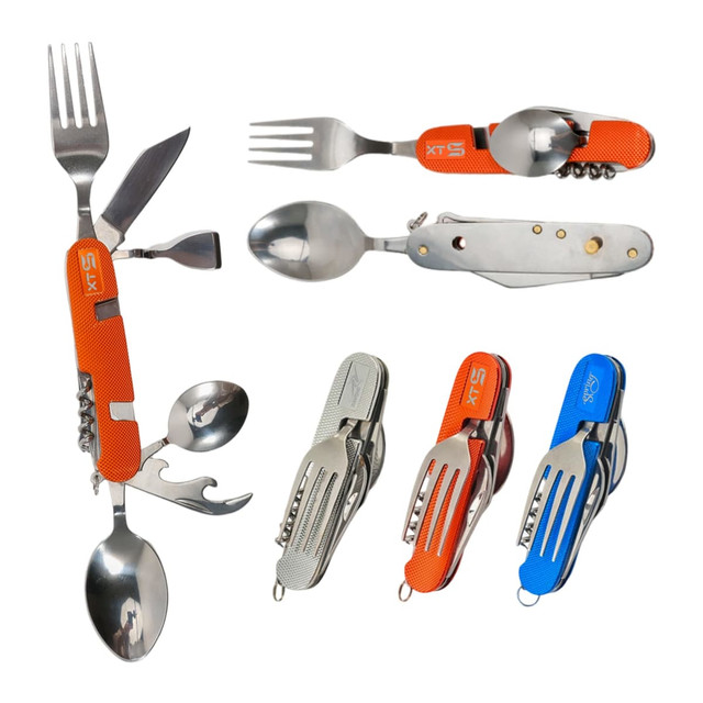 A set of multi-function camping utensils in orange, blue, and silver, featuring a fork, knife, spoon, and various tools.