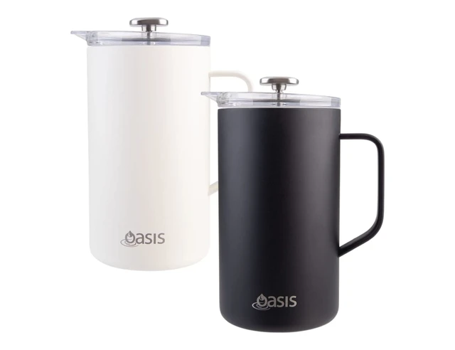 Two insulated coffee presses, one in white and one in black, both featuring a handle and a lid, with a logo.
