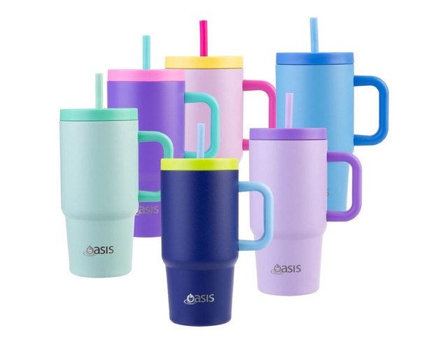 A drink bottle collection featuring various colours including blue, purple, pink, and green, with straws and handles.