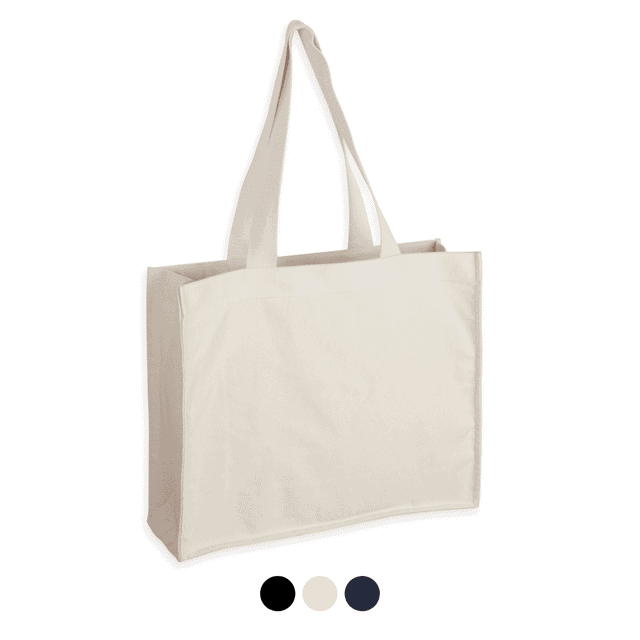 A beige canvas bag with long handles, featuring a section showing different colour options below.