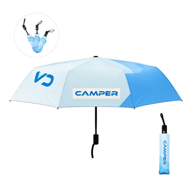 A blue and light blue anti-rebound folding umbrella with a matching storage sleeve and a logo.
