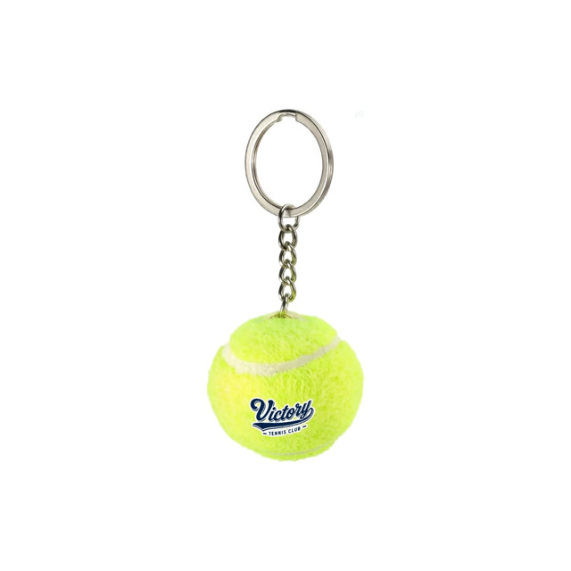 A tennis ball keyring in bright yellow with a white stripe, attached to a metal chain and keyring.