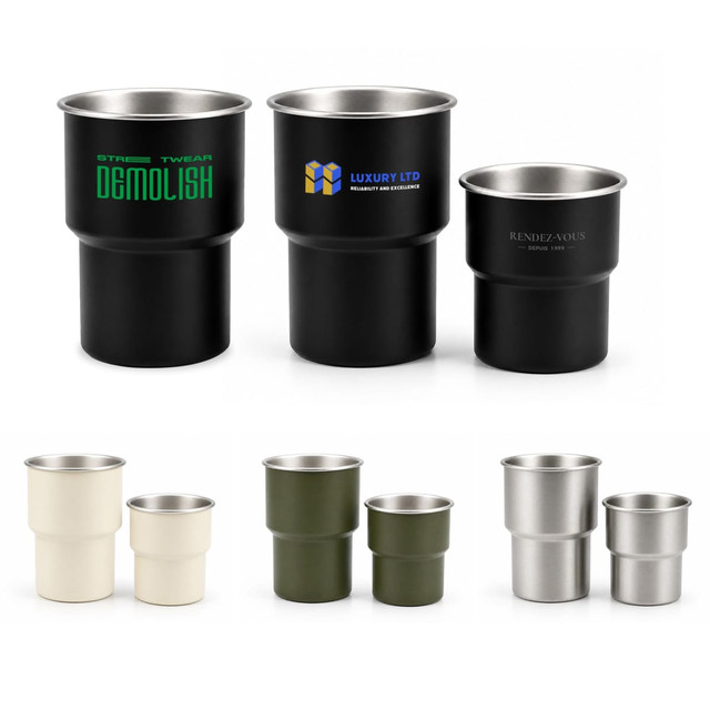 A collection of stainless steel camping mugs in black, olive green, white, and silver, featuring various logos.