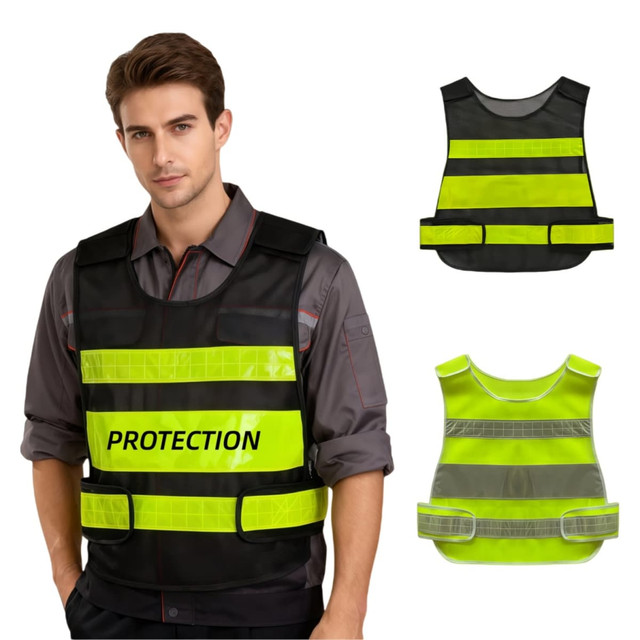 A gourd-shaped high-visibility reflective safety vest in black and bright yellow, featuring adjustable straps and a logo.