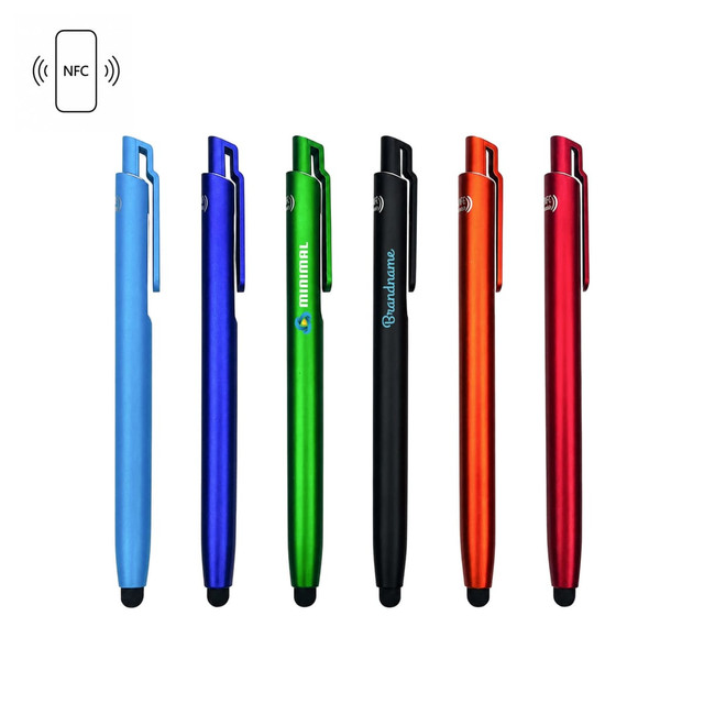 A set of six ballpoint pens in blue, green, black, and red, featuring a touch screen tip and an NFC logo.
