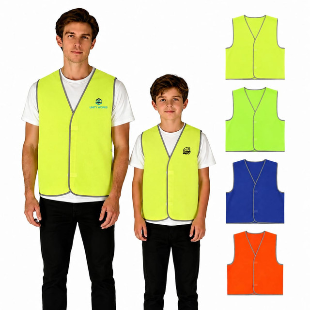 Hi-Vis reflective trim safety vests in yellow, green, and blue, displayed on adults and children. Includes a logo.