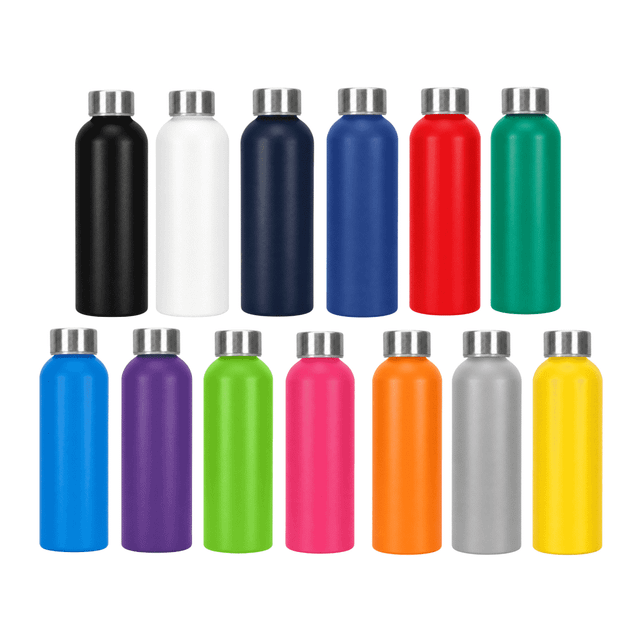A drink bottle collection featuring various colours including black, white, navy, red, green, purple, orange, pink, and silver, with metal caps.