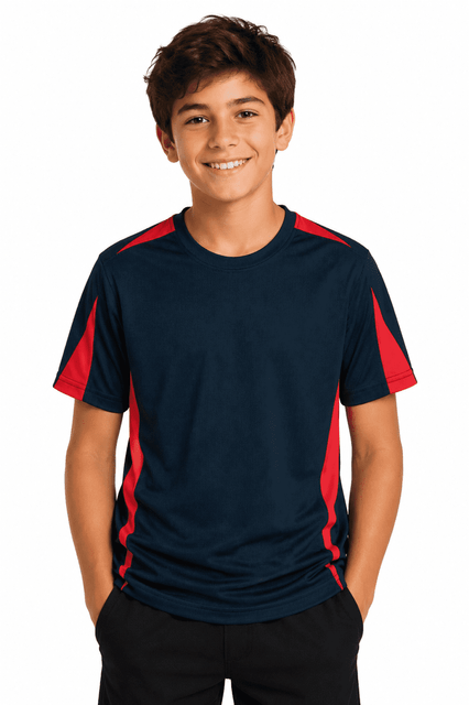 A navy blue and red T-shirt featuring short sleeves, with a sporty design and a logo on the front.