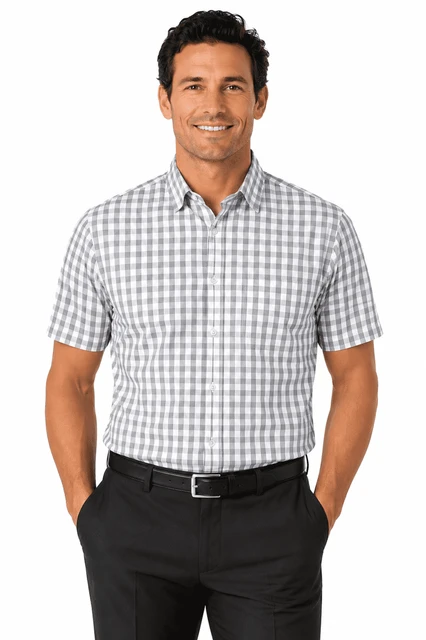 A short-sleeve checkered shirt in shades of grey and white, featuring a collar and button-up front, worn by a man.