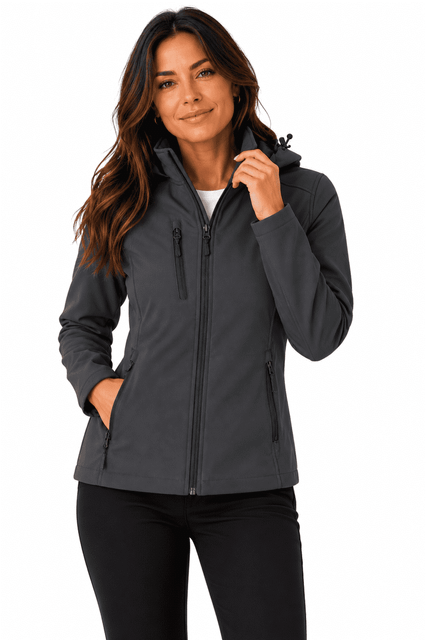 A soft shell jacket in dark grey, featuring a hood and zippered pockets, worn by a smiling woman.