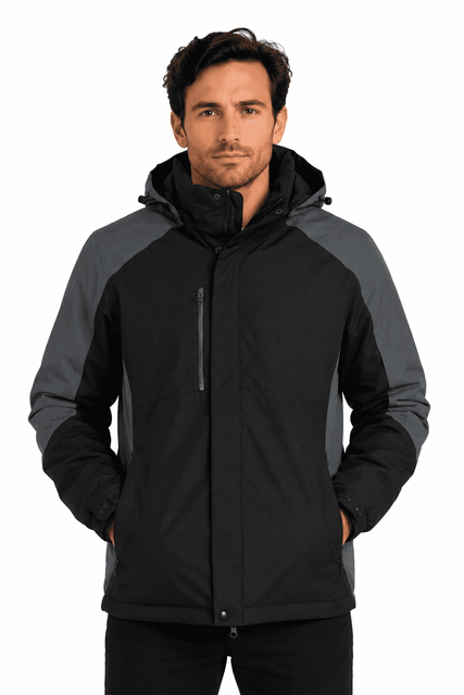 A black and grey men's jacket with a hood and zippered pockets, featuring a branding logo.