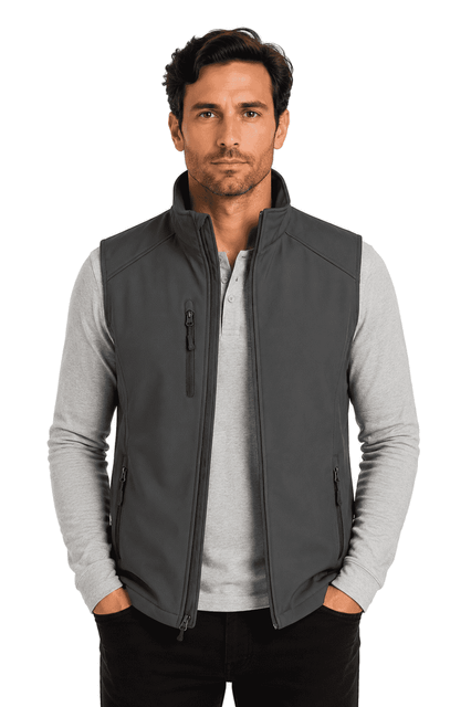 A grey men's vest is displayed, featuring a zippered front and side pockets, with a logo on the chest.