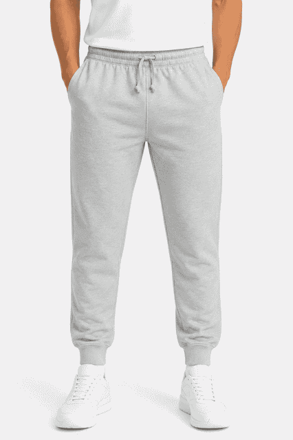 Grey tapered fleece men's track pants with an elastic waistband and cuffs, featuring a casual style.