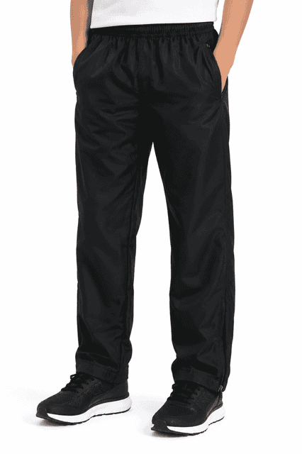Black kids track pants with pockets, featuring an elastic waistband and a logo on the side.