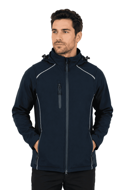 A navy blue soft shell jacket with a zippered front, hood, and side pockets, featuring a logo.