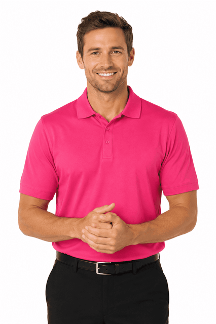 A man wearing a vibrant pink polo shirt, smiling with hands clasped, paired with black trousers. The shirt features a logo.