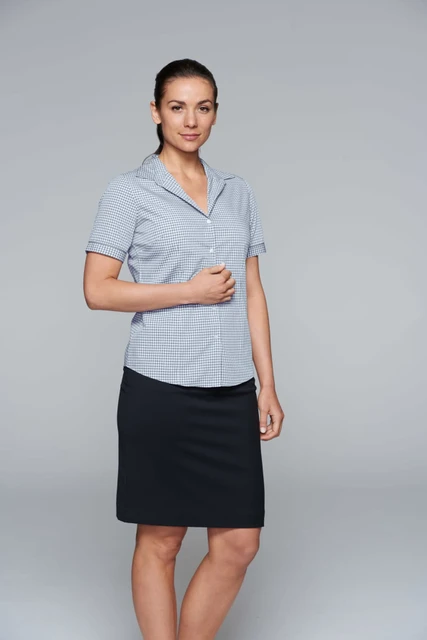 A short-sleeve button-up shirt in a blue and white check pattern, featuring a collar and a fitted design.