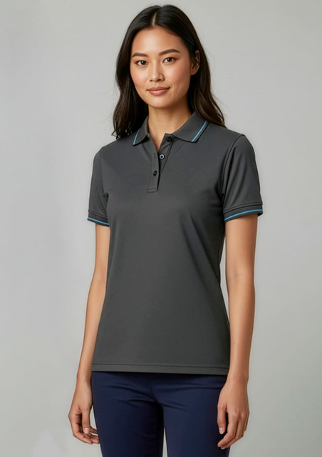 A grey women's short sleeve polo shirt featuring contrasting trim and a logo on the chest.