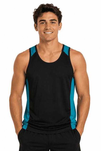 A man in a sleeveless black singlet with turquoise accents, featuring a logo on the chest.