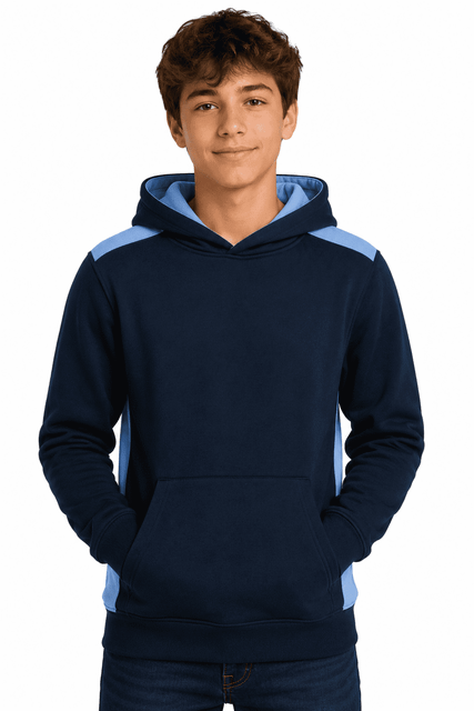 A navy hoodie with light blue accents, featuring a front pocket and a drawstring hood, with a logo on it.