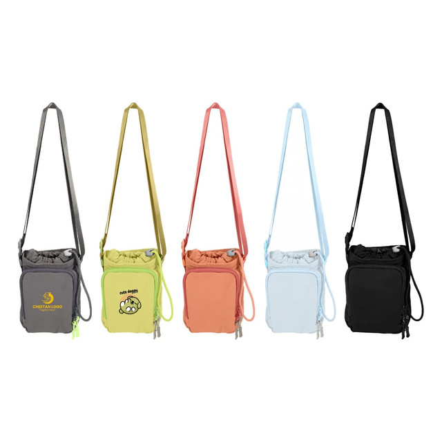 A drink bottle holder with strap available in grey, green, orange, blue, and black, featuring a logo on some designs.