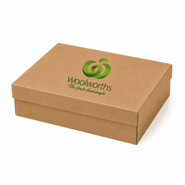 A natural cardboard gift box in a medium size with a logo on the front.