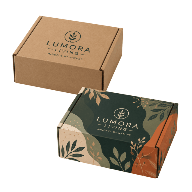 Two die-cut packaging boxes in natural brown and a colourful floral design, both featuring a logo.