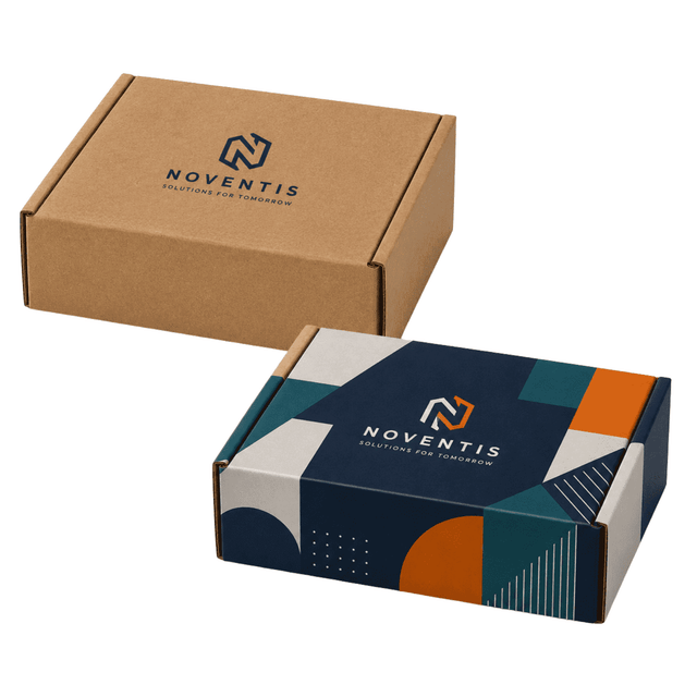 Two die-cut packaging boxes in brown and patterned designs, featuring a logo on one side.