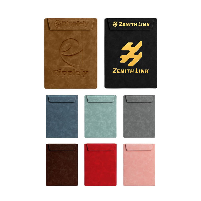An assortment of A4 magnetic clipboards in brown, black, blue, green, grey, red, and pink, featuring various logos.