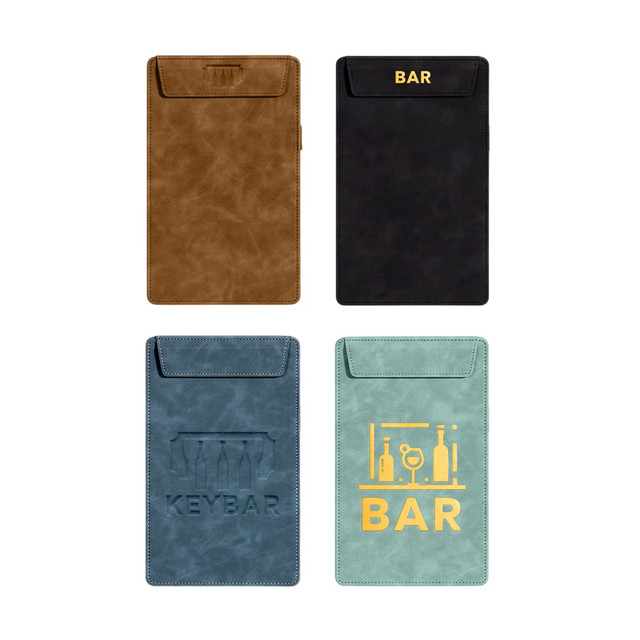A5 magnetic clipboards in brown, black, blue, and teal, each with different designs and a logo.
