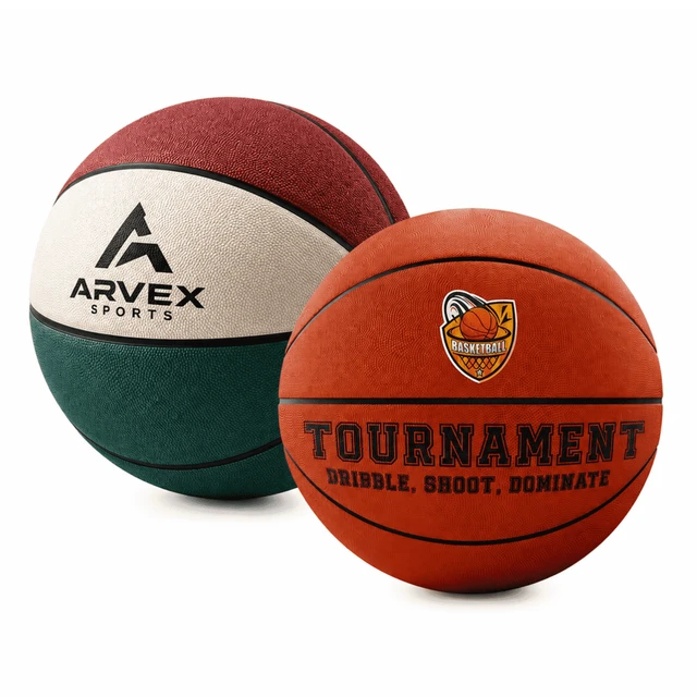 A size 7 basketball in orange with black text and a brown and green basketball with a logo.