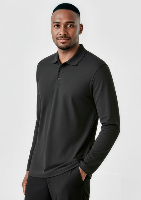 A long sleeve polo shirt in black, featuring a collar and a logo. Model is wearing the shirt.