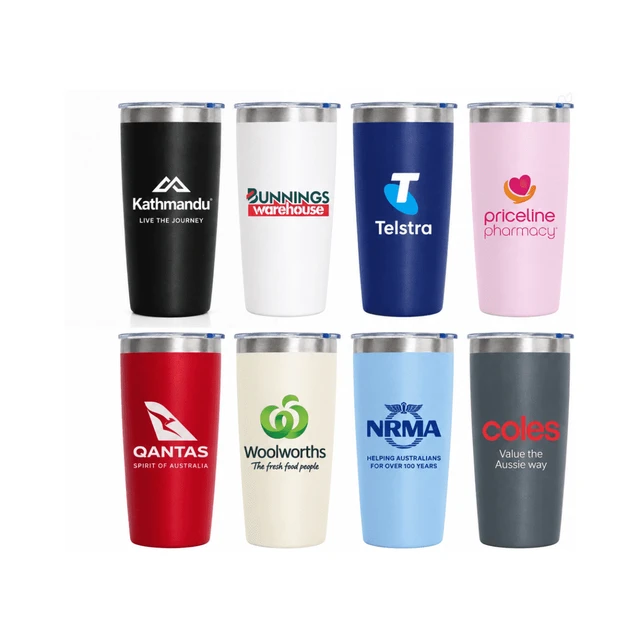 A range of vacuum cups in various colours, featuring multiple logos and branding designs.