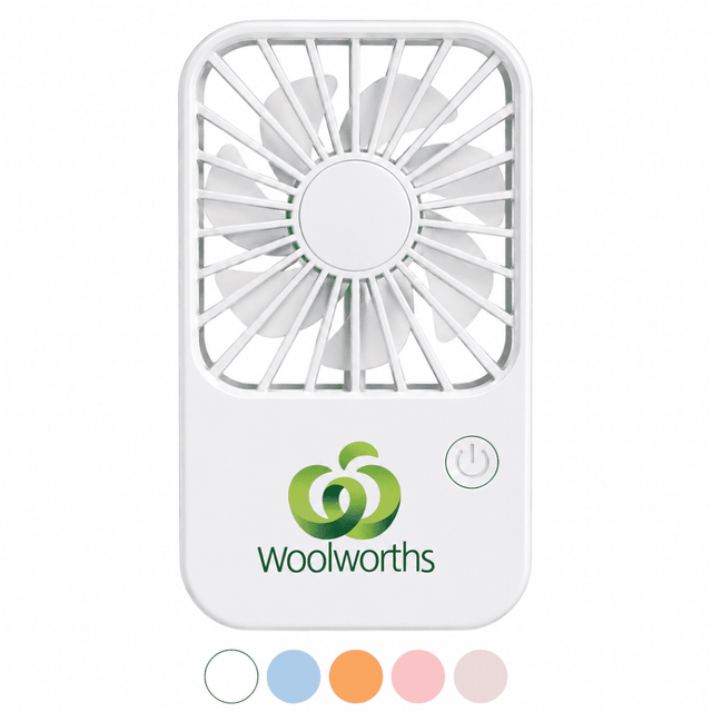 A white rechargeable desktop fan with a circular grille and a logo. Available in multiple pastel colours.