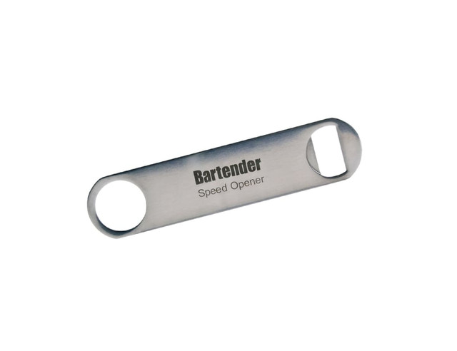 A stainless steel bottle opener with two circular ends and a logo on the surface.