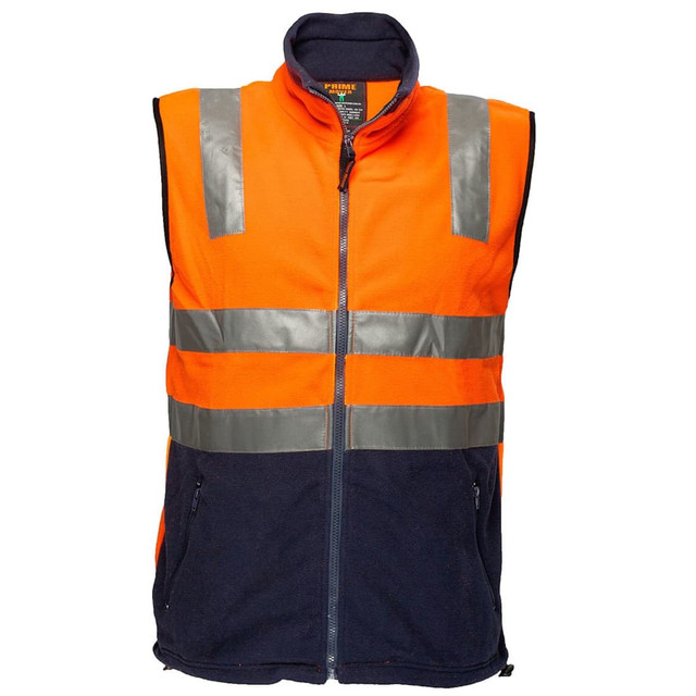 A polar fleece vest featuring high-visibility orange and blue colours with reflective tape for safety.