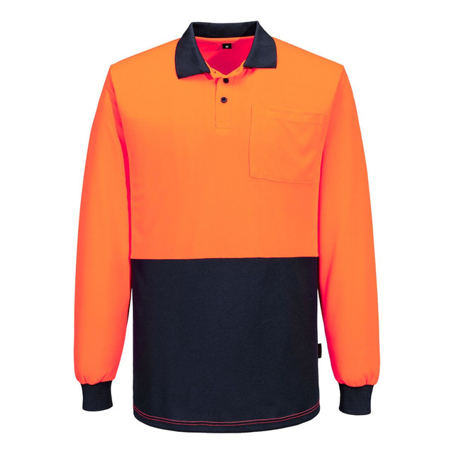 A long-sleeved polo shirt featuring high-visibility orange and navy colours, with a pocket on the front and a logo.