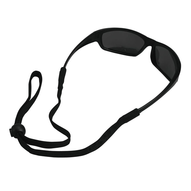 A black spectacles cord with an adjustable loop, designed to secure sunglasses or glasses.