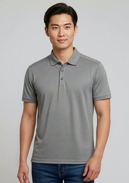 A grey short sleeve polo shirt featuring a collar and buttons, with a logo on the chest.