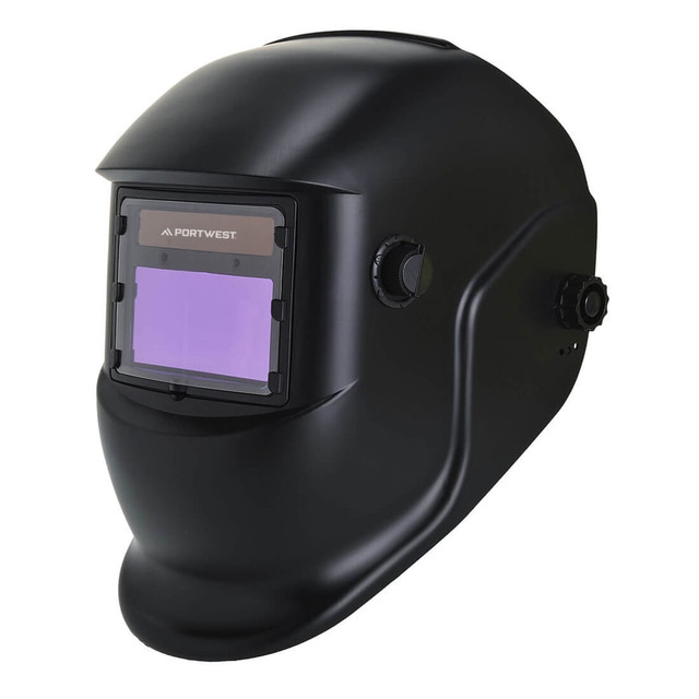 A black welding helmet with an adjustable visor and a logo on the side.