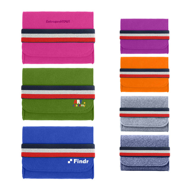 A collection of Felt Essential Oils Travel Organisers in pink, green, blue, orange, grey, and purple, each with a striped band.