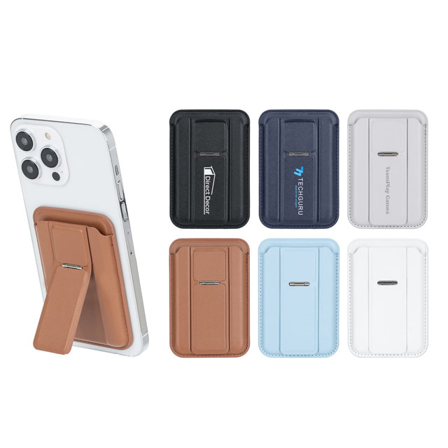 A PU magnetic card holder with a phone stand, available in various colours including brown, black, navy, and light blue.