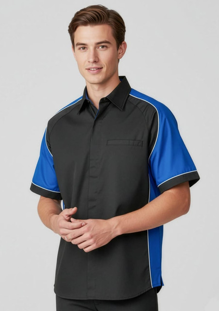 A black and blue short sleeve button-up shirt with contrasting sleeves and a chest pocket. Features a logo on the chest.
