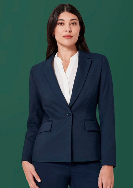 A navy mid-length women's blazer with a single button, featuring two front pockets and a tailored fit.