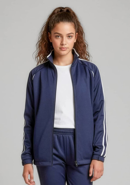 A navy track jacket featuring white stripes, with a full zip and a stand-up collar. It has a logo on the chest.