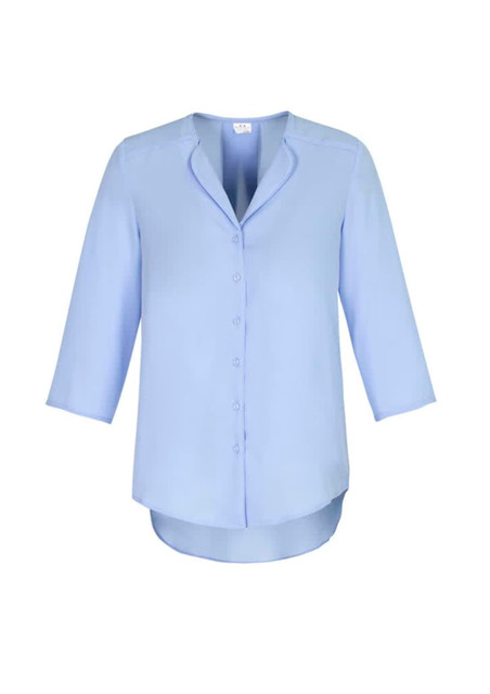 A light blue women's longline button-up blouse with three-quarter sleeves and a rounded hemline.